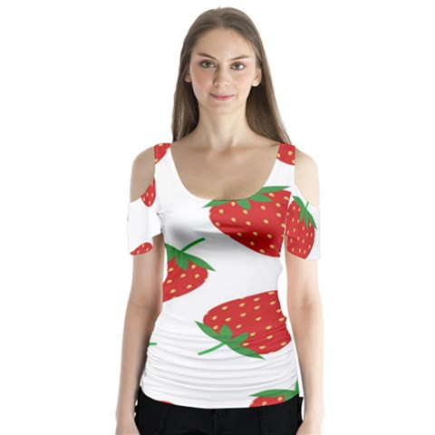 Seamless Pattern Fresh Strawberry Butterfly Sleeve Cutout Tee  by Wegoenart