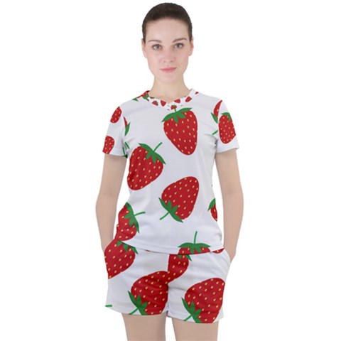 Seamless Pattern Fresh Strawberry Women s Tee And Shorts Set by Wegoenart