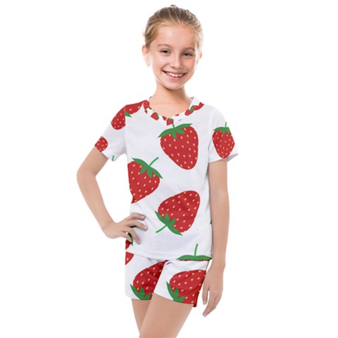 Seamless Pattern Fresh Strawberry Kids  Mesh Tee And Shorts Set by Wegoenart