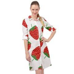 Seamless Pattern Fresh Strawberry Long Sleeve Mini Shirt Dress by Wegoenart