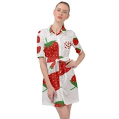 Seamless Pattern Fresh Strawberry Belted Shirt Dress by Wegoenart