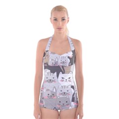 Cute Cats Seamless Pattern Boyleg Halter Swimsuit  by Wegoenart