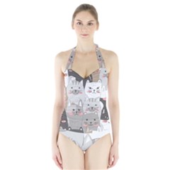 Cute Cats Seamless Pattern Halter Swimsuit by Wegoenart