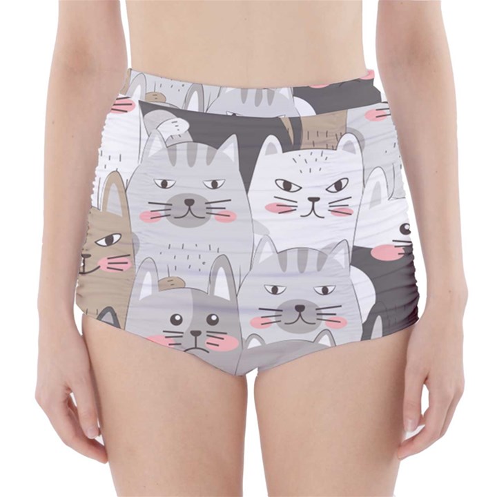 Cute Cats Seamless Pattern High-Waisted Bikini Bottoms