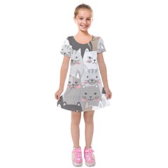 Cute Cats Seamless Pattern Kids  Short Sleeve Velvet Dress by Wegoenart