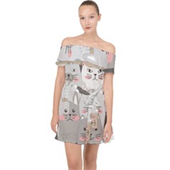 Cute Cats Seamless Pattern Off Shoulder Chiffon Dress by Wegoenart