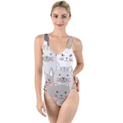 Cute Cats Seamless Pattern High Leg Strappy Swimsuit by Wegoenart