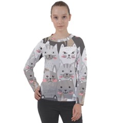 Cute Cats Seamless Pattern Women s Long Sleeve Raglan Tee