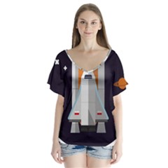 Rocket Space Universe Spaceship V-neck Flutter Sleeve Top by Wegoenart