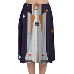 Rocket Space Universe Spaceship Velvet Flared Midi Skirt by Wegoenart