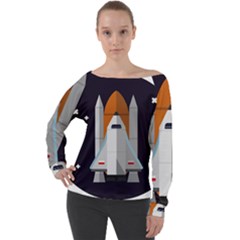 Rocket Space Universe Spaceship Off Shoulder Long Sleeve Velour Top