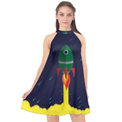 Rocket Halftone Astrology Astronaut Halter Neckline Chiffon Dress  by Wegoenart