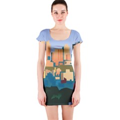 City Buildings Urban Dawn Short Sleeve Bodycon Dress by Wegoenart