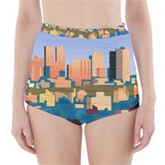 City Buildings Urban Dawn High-waisted Bikini Bottoms by Wegoenart