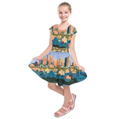 City Buildings Urban Dawn Kids  Short Sleeve Dress by Wegoenart