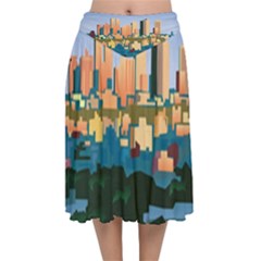 City Buildings Urban Dawn Velvet Flared Midi Skirt by Wegoenart