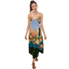 City Buildings Urban Dawn Halter Tie Back Dress  by Wegoenart