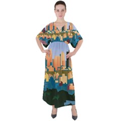 City Buildings Urban Dawn V-neck Boho Style Maxi Dress by Wegoenart