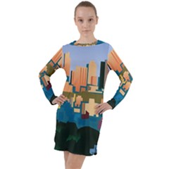 City Buildings Urban Dawn Long Sleeve Hoodie Dress