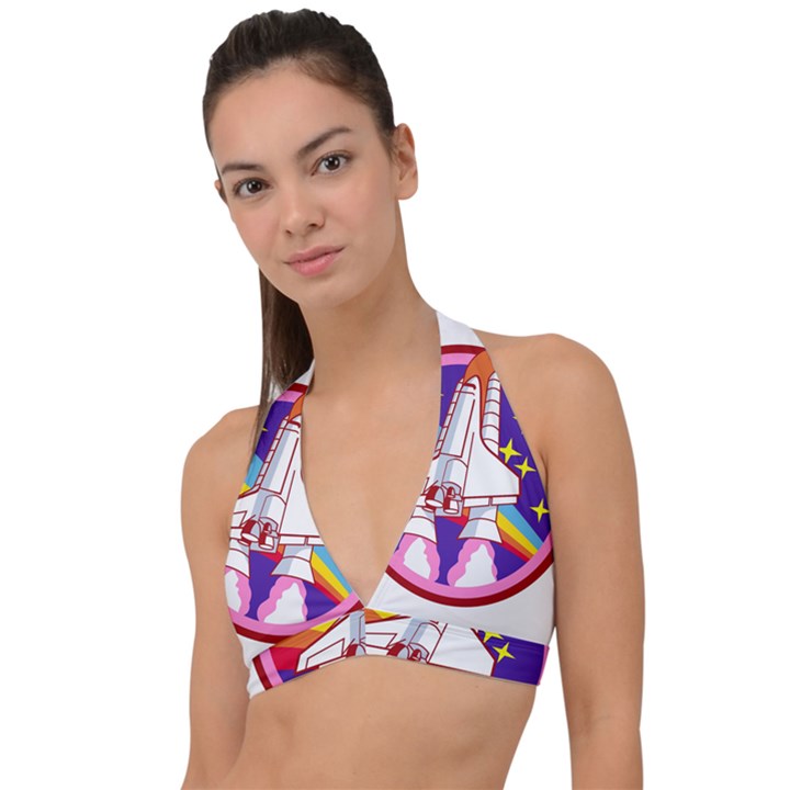 Pink Rainbow Rocket Halter Plunge Bikini Top