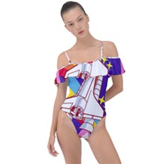 Pink Rainbow Rocket Frill Detail One Piece Swimsuit by Wegoenart