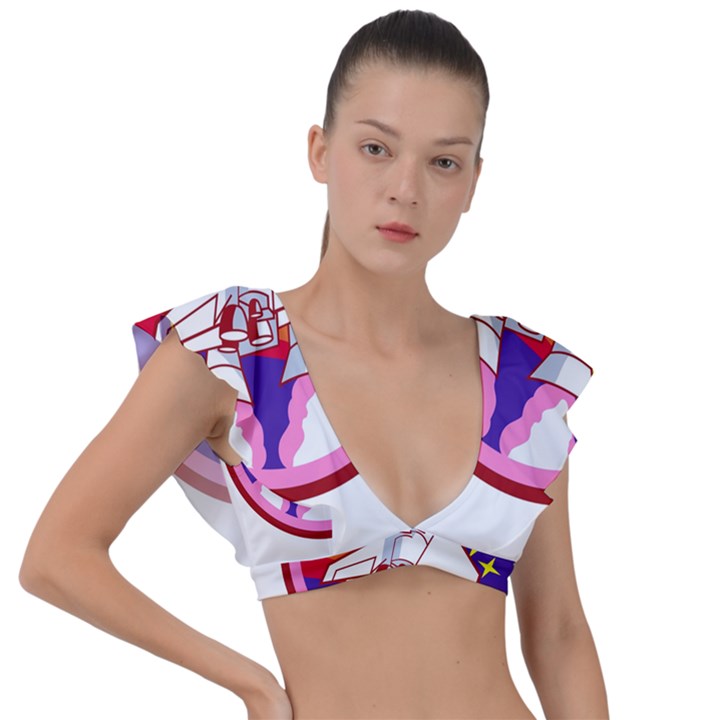 Pink Rainbow Rocket Plunge Frill Sleeve Bikini Top