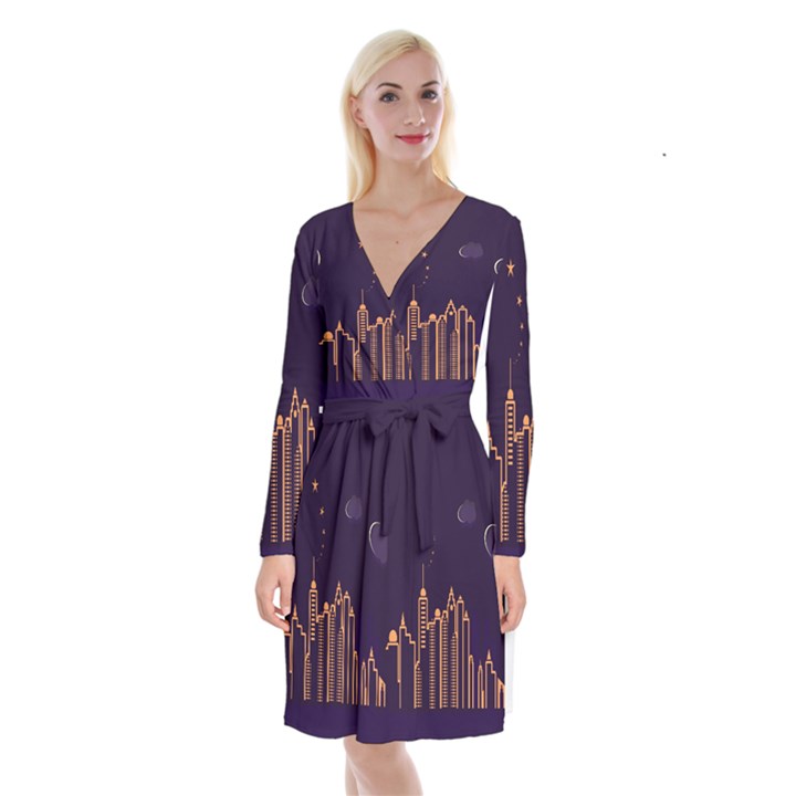 Skyscraper Town Urban Towers Long Sleeve Velvet Front Wrap Dress