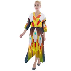 Rocket Take Off Missiles Cosmos Quarter Sleeve Wrap Front Maxi Dress