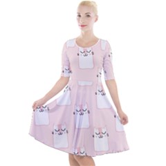 Pattern Pink Cute Sweet Fur Cats Quarter Sleeve A-line Dress