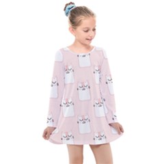 Pattern Pink Cute Sweet Fur Cats Kids  Long Sleeve Dress by Wegoenart