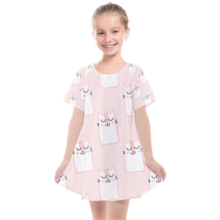 Pattern Pink Cute Sweet Fur Cats Kids  Smock Dress