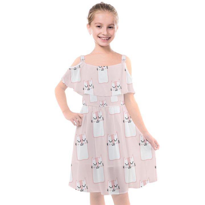 Pattern Pink Cute Sweet Fur Cats Kids  Cut Out Shoulders Chiffon Dress