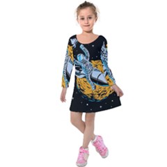 Astronaut Planet Space Science Kids  Long Sleeve Velvet Dress by Wegoenart