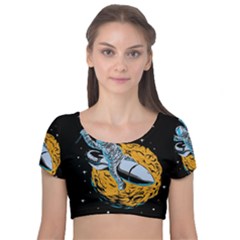 Astronaut Planet Space Science Velvet Short Sleeve Crop Top  by Wegoenart