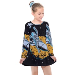 Astronaut Planet Space Science Kids  Long Sleeve Dress by Wegoenart