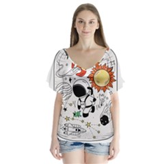 Astronaut Drawing Planet V-neck Flutter Sleeve Top by Wegoenart