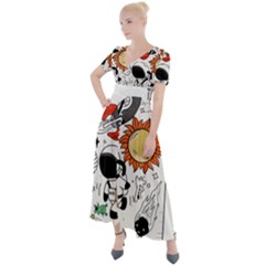 Astronaut Drawing Planet Button Up Short Sleeve Maxi Dress