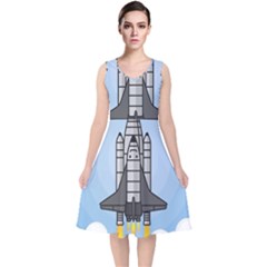 Rocket Shuttle Spaceship Science V-neck Midi Sleeveless Dress 