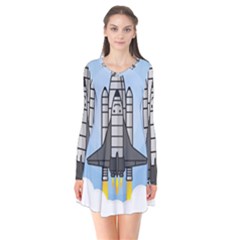 Rocket Shuttle Spaceship Science Long Sleeve V-neck Flare Dress by Wegoenart