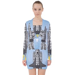 Rocket Shuttle Spaceship Science V-neck Bodycon Long Sleeve Dress