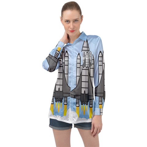 Rocket Shuttle Spaceship Science Long Sleeve Satin Shirt by Wegoenart