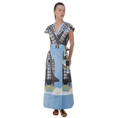 Rocket Shuttle Spaceship Science Flutter Sleeve Maxi Dress