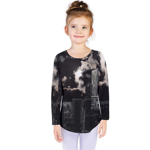 City Night Moon Skyline Skyscraper Kids  Long Sleeve Tee by Wegoenart