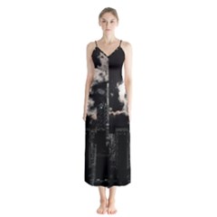 City Night Moon Skyline Skyscraper Button Up Chiffon Maxi Dress