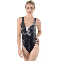 City Night Moon Skyline Skyscraper High Leg Strappy Swimsuit by Wegoenart