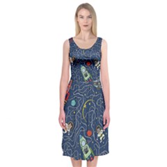 Cat Cosmos Cosmonaut Rocket Midi Sleeveless Dress by Wegoenart