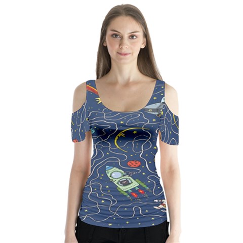 Cat Cosmos Cosmonaut Rocket Butterfly Sleeve Cutout Tee  by Wegoenart