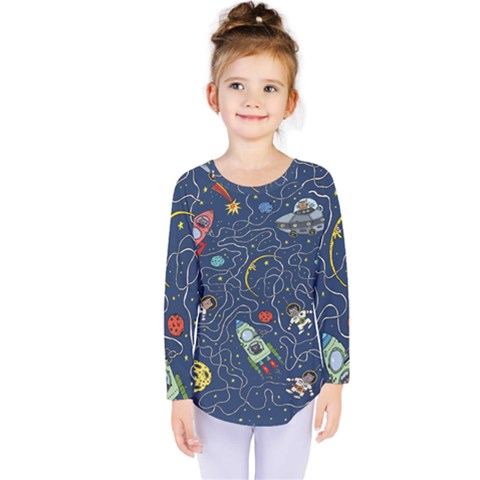 Cat Cosmos Cosmonaut Rocket Kids  Long Sleeve Tee by Wegoenart