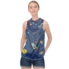 Cat Cosmos Cosmonaut Rocket High Neck Satin Top by Wegoenart