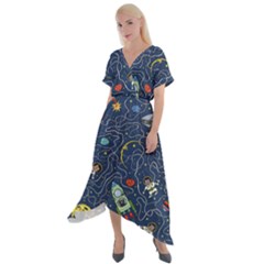 Cat Cosmos Cosmonaut Rocket Cross Front Sharkbite Hem Maxi Dress by Wegoenart